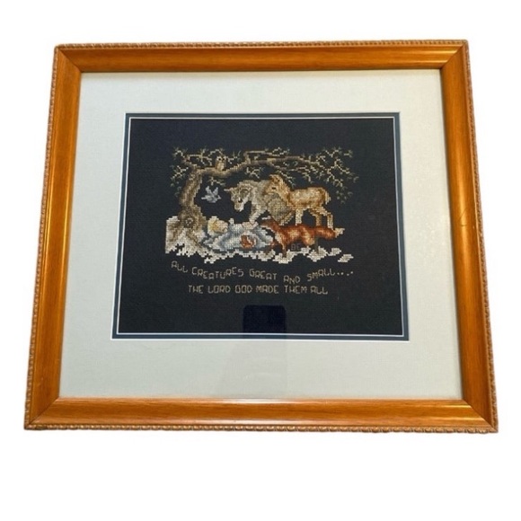 Vintage Cross Stitch Animals Nursery Framed Wall Hanging 16”x14” - Picture 1 of 8